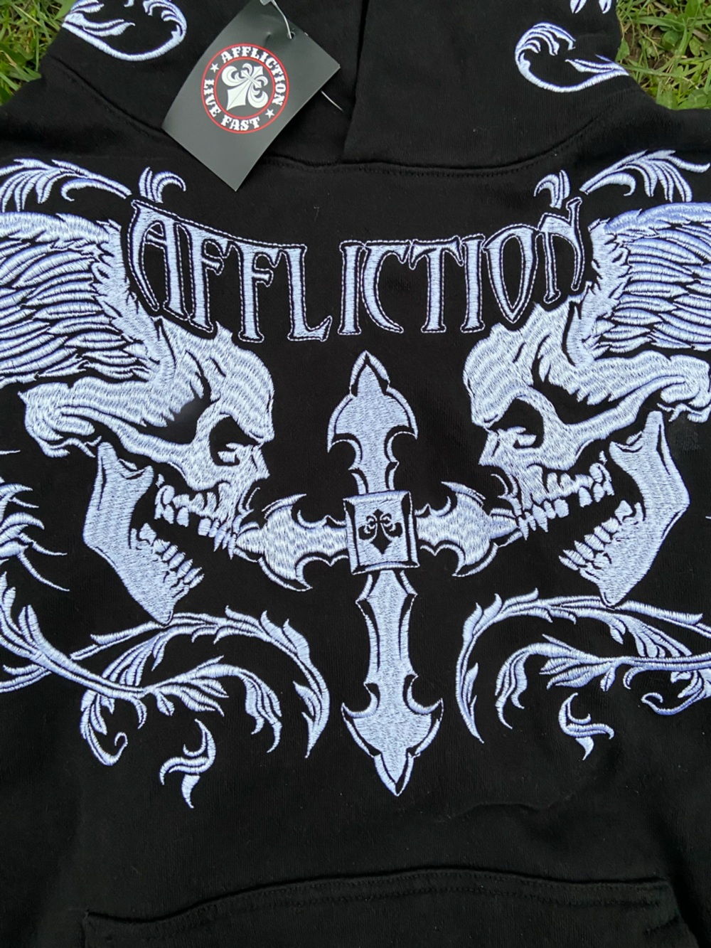 Affliction Black Pullover Hoodie with White Winged Skull Graphic - Picture 4 of 8